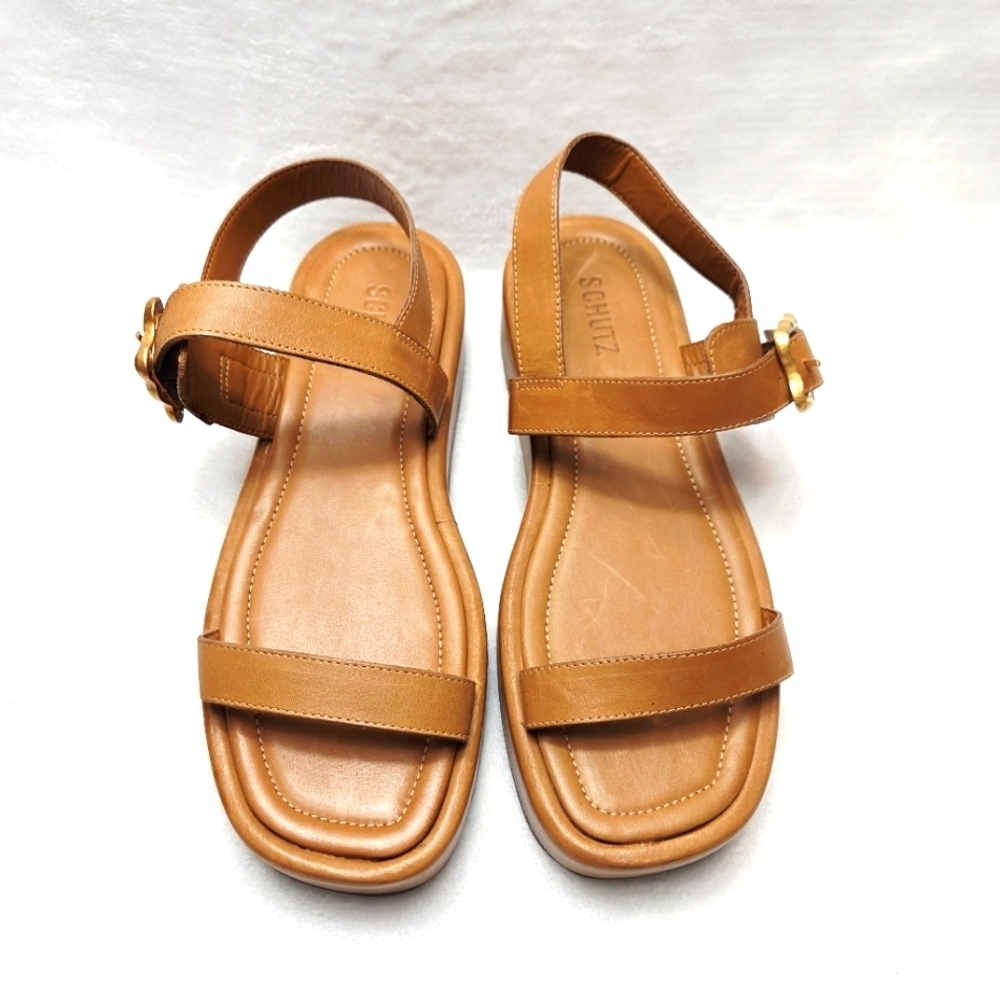 SCHUTZ Cognac Leather Slingback Sandals